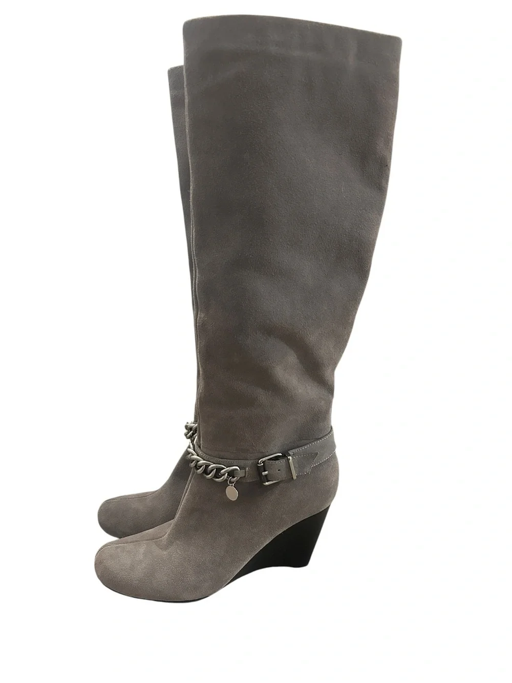 BCBGeneration Gray Suede Knee-High Tall Round Toe Wedge Heel Boots Women 8